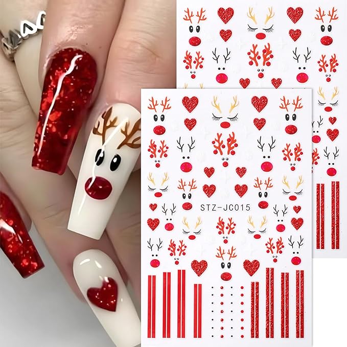 2Sheets Cute Christmas Nail Art Stickers 3D Xmas Elk Design Nail Decals Red Glitter Heart Lines Nail Stickers Self-Adhesive Cute Deer Nail Decal White Star Snowflake Nail Sticker for Women Nails Decor