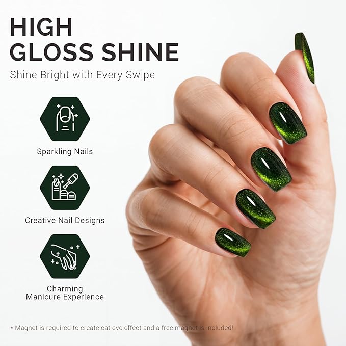 MelodySusie Jeweliver Cat Eye Gel Nail Polish, 0.5 Fl Oz Dark Green Glitter Holographic Magnetic Nail Polish with Magnet, UV Nail Polish for Nail Art Manicure Salon DIY at Home C3108