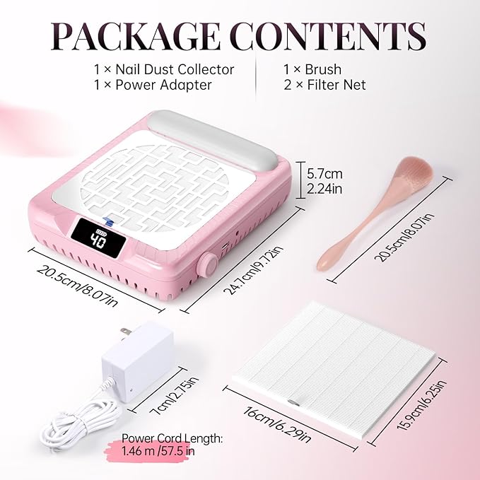 krofaue Wireless Nail Dust Collector with Arm Rest - Quiet Rechargeable Nail Vacuum Dust Collector for Salon & Home 40 Speeds Adjustable with Digital Display, Replaceable Filter & Brush
