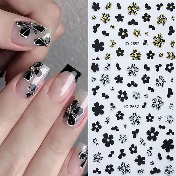 Flowers Nail Art Stickers - Black, Gold, Silver, White 3D Self-Adhesive Decals for Acrylic DIY Nail Decorations - Fall Flower Charms for Women - 6 Pcs
