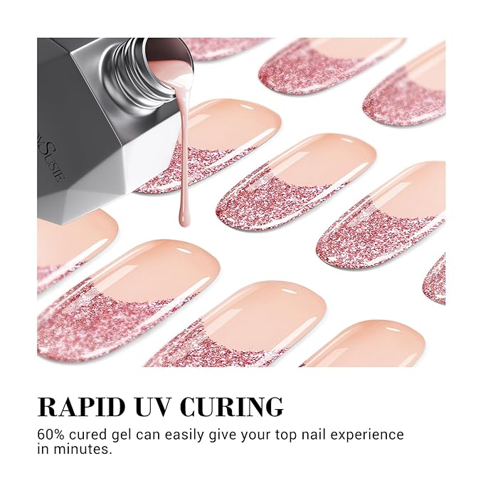MelodySusie 30PCS Semi Cured Gel Nail Strips (Pink Glitter French Tips), Salon Quality, Long Lasting, Easy to Apply and Remove, Includes 2 Prep Pads, Nail File and Wooden Stick