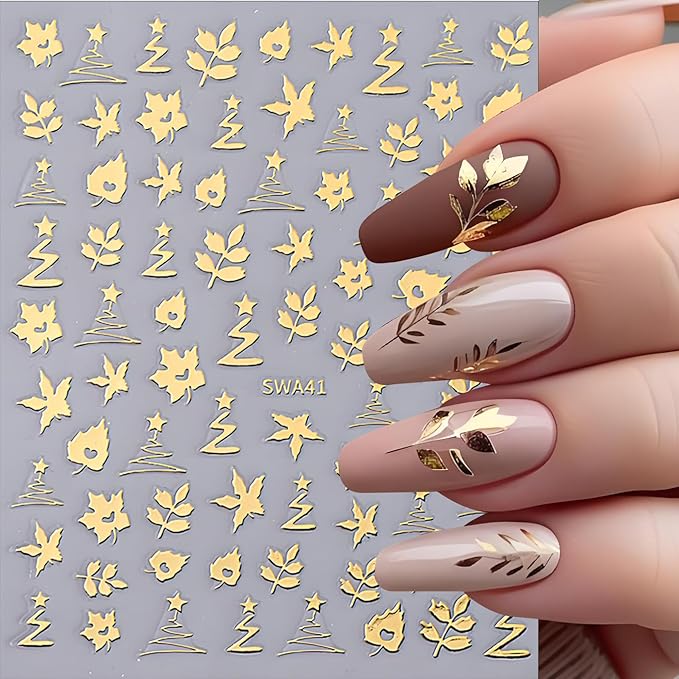 Fall Maple Leaves Nail Art Stickers for Thanksgiving, Gold Silver Maple Leaves Nail Decals 3D Self-Adhesive with Flowers Leaf Design 6Pcs Fall Glitter Nail Art Supplies for Women Nail Decoration