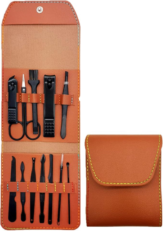 Nail Clipper Set, 12PCS Manicure Set Fingernail Clippers Kit Black Stainless Steel Pedicure and Manicure Kit with Brown PU Leather Case