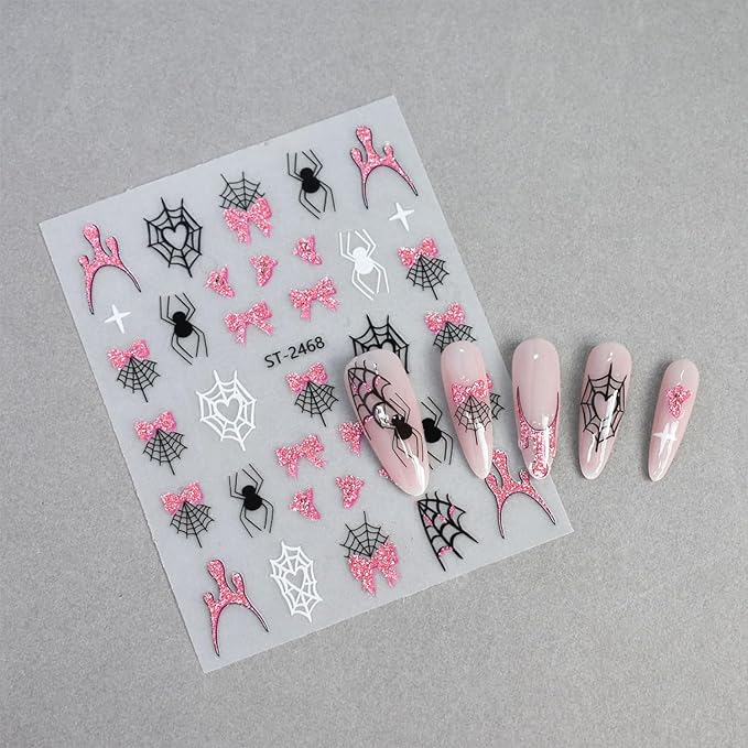 6 Sheets Halloween Nails Stickers Cute Mummy Pumpkin Nails Art Stickers 3D Self-Adhesive Supplies Nail Decal with French Tip Glitter Spider Web Design Nail Sticker for Nail Art Women's DIY Decoration