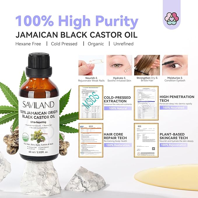 Saviland Jamaican Black Castor Oil Organic Cold Pressed Unrefined: 100% Pure and Natural Castor Oil for Hair Growth Eyebrows Face Skin Care Cuticle Nourish Massager Tools Home Care 60ML