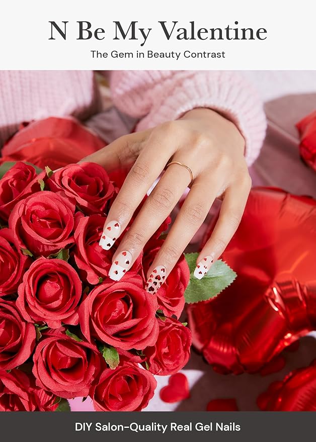 ohora Semi Cured Gel Nail Strips (N Be My Valentine) - Red, Pattern, Works with Any UV/LED Lamps, Salon-Quality, Long Lasting, Easy to Apply & Remove - Includes 2 Prep Pads, Nail File & Wooden Stick
