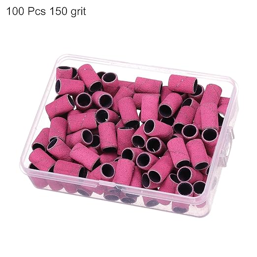 HARFINGTON 100pcs Small Sanding Bands 150 Grit for Nail Drill Bits Mini Sanding Band for Nails Gel Manicures Pink