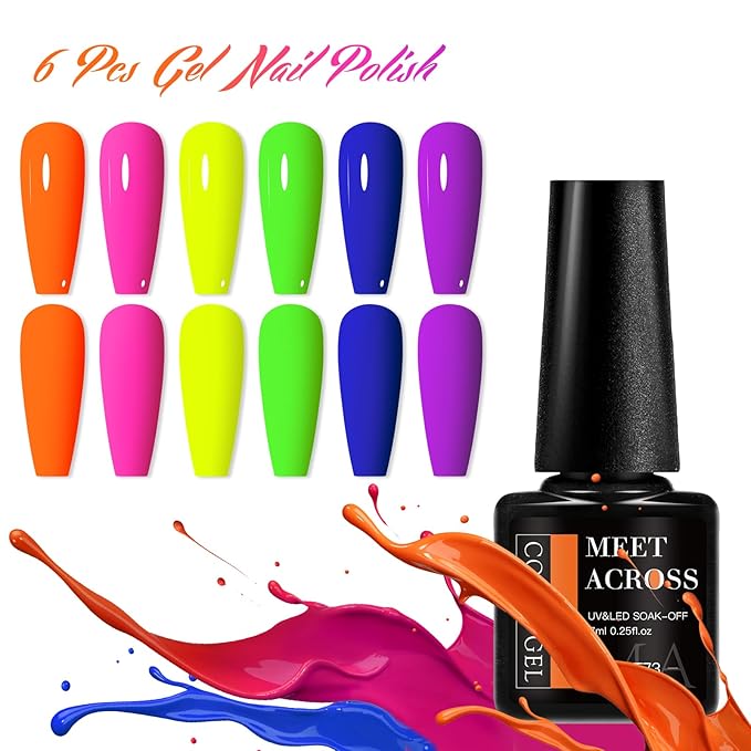 MEET ACROSS Neon Gel Nail Polish Set, 6 Colors Orange Yellow Green Blue Hot Pink Red Purple Spring Summer Fluorescent Gel Polish Home DIY Manicure Gift for Girls Women
