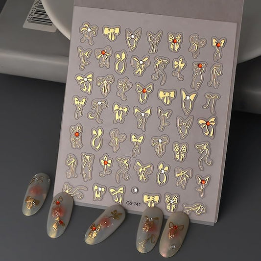5D Embossed Gold Bow Nail Art Stickers, Rhinestones Nail Decals Metallic Ribbon Bow Tie Nail Design Cute Bow Nail Art Supplies Adhesive Sliders Sticker Craft French Manicure Decoration 1PCS