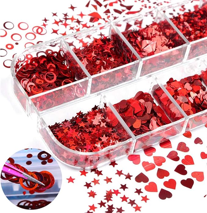 Laser Red Glitter Nail Art Sequins, Holographic 3D Glitters Flakes Decor, Love Heart Letters Butterfly Flowers Stars Circle Nail Art Designs for Women Manicure Charms Decorations False Nails Supplies