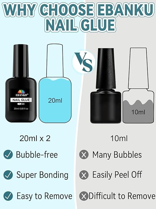 EBANKU 6 in 1 Super Strong Nail Glue for Press on, 20ml Lamp Curing Needed Solid Soak Off Glue, Easy Application Durable & Long-Lasting UV Lamp Needed 2Pcs