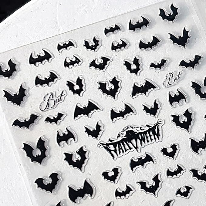 Halloween Bat Nail Stickers for Nail Art Bat Nail Art Design Decals 3D Self-Adhesive Black Bats Nails Art Stickers Halloween Manicure Decoration Sticker for Women DIY Acrylic Nails