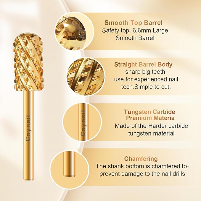 3/32" Large Barrel Smooth Round Top Tungsten Carbide Nail Drill Bit Safety Bit for Gel & Acrylic Removal, 2-Way Rotating Efile Tip, Salon Electric File Accessory (4XC Grit, Gold)