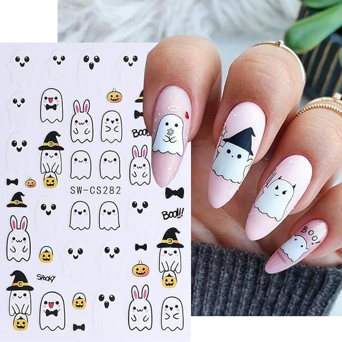 Halloween Nail Art Stickers Decals Ghost Pumpkin Halloween Design Nail Decals 3D Self-Adhesive Nail Art Supplies 6PCS Mushroom Ghost Moon Pumpkin Nails Deign Stickers for Women DIY Nail Decorations