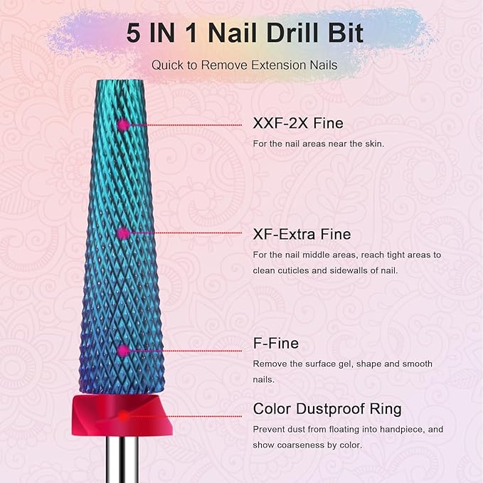 Depvko Super Long 5 in 1 Nail Drill Bits, 3/32'' Carbide Tungsten Bits, Two Way Rotate Professional Advanced Safety Bits for Nail, Fast Remove for Manicure Pedicure (Long 5in1-Blue, Fine-F)