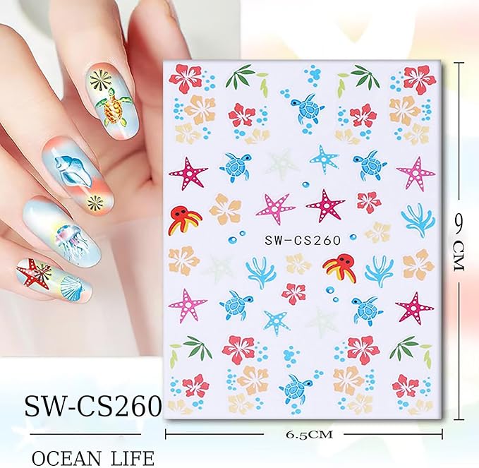 6 Sheets Marine Life Nail Art Stickers 3D Self-Adhesive Starfish Turtle Nails Sticker Flower Nail Art Decals Holographic Bow Nails Decal Decoration for Women Floral Manicure DIY Nail Supplies