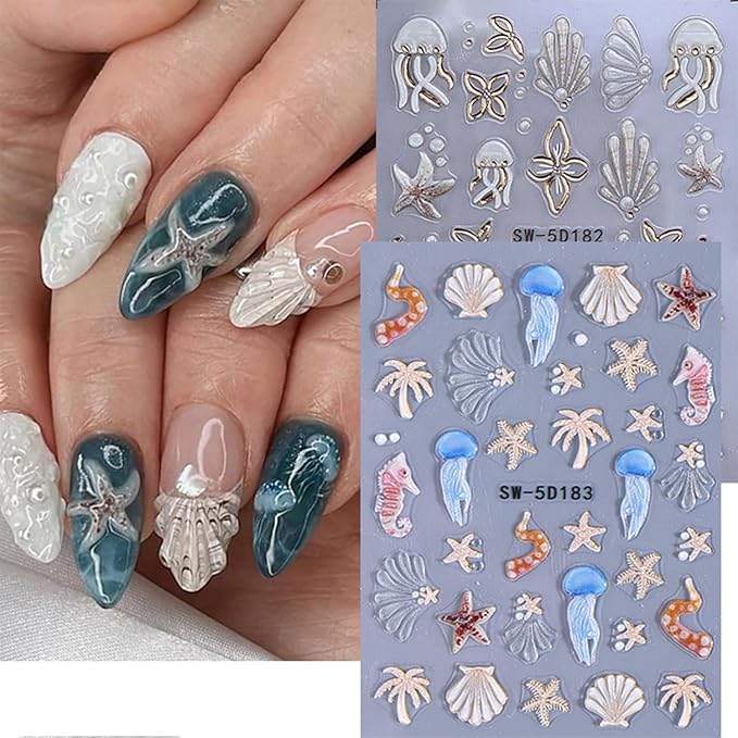 2 Sheets Summer Nail Art Stickers Decals 5D Embossed Ocean Theme Nail Stickers Shells Jellyfish Starfish Design Summer Nails Adhesive Decals Manicure Supply for Women DIY Nail Decorations