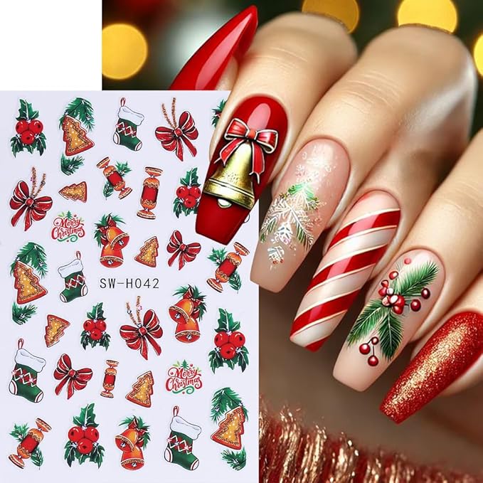 Christmas Nail Stickers Bow Stocking Snowman Nail Art Stickers Holiday Flower Candy Nail Decals 6Pcs Self-Adhesive Christmas Tree Design Sticker Holiday Nail Art Decoration for Women Manicure