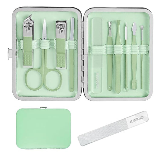 Manicure Set Professional Nail kit, Andrea 10 pcs mens manicure kit and Grooming kit, Nail Care Tools with Luxurious Travel Leather Case for Thick Nails Men Gift (green)