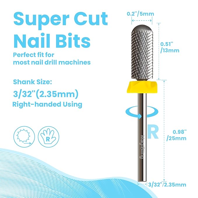 Super Cut Small Barrel 3/32'' Safety Tungsten Nail Drill Bits, Remove Gel Fast, Right handed, Suitable for Manicure Pedicure Cuticle Gel Polishing, Classic Round Top Bits, Grit: Extra Fine.