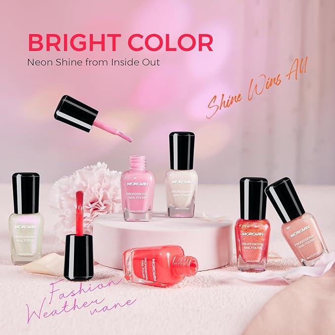 Morovan Pink Nail Polish Set: Pearl White Light Coral Pink Fingernail Polish Kit Shimmer Sparkle Air Quick Dry Glossy Nail Pack for 2025 Nail Art Manicure Holiday Gift Party for Women