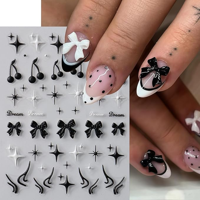 3 Sheets Goth Nail Stickers for Nail Art 5D Punk Style Black Bow Nail Art Stickers Black Star Cherry Nail Decals Self-Adhesive Nails Supplies Dark Style Star Bow Nail Decoration for Women DIY Manicure