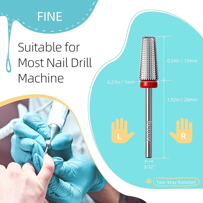 Fine 5 in 1 Nail Drill Bits, Safety Carbide Nail Bit, Straight Cut Tapered Drill Bits for Nails, 3/32 Two-way, Electric Manicure Drills Accessories