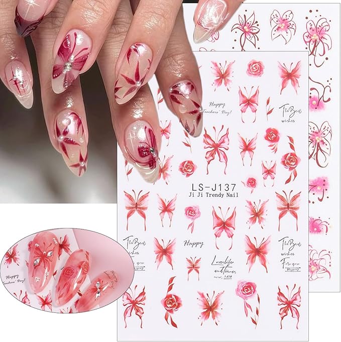 6Sheets Flower Nails Art Stickers Pink Cherry Blossom Nail Decals Butterfly Rose Nail Stickers Spring Summer Floral Design Sticker Cute Lily Flowers Nails Supplies Decorations for Women DIY Manicure