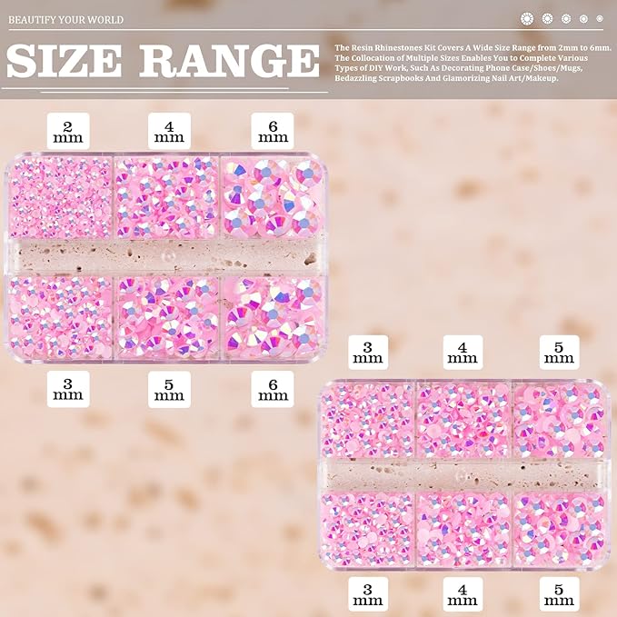 Resin Rhinestones Crafting, 2/3/4/5/6mm Flatback Jelly Rhinestones, 2 Boxes Light Pink AB Non Hotfix Crystal Gems for Bedazzling Crafts Mugs Tumblers Clothes Makeup Nail