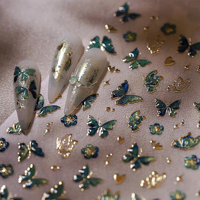Butterfly Nail Art Stickers Decals 5D Embossed Butterfly Nail Decals Green Butterfly Gold Heart Star Nail Stickers Self Adhesive Nail Decals Cute Butterfly Nail Stickers for Women Manicure Nails Art