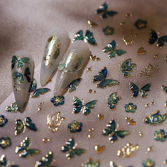 Butterfly Nail Art Stickers Decals 5D Embossed Butterfly Nail Decals Green Butterfly Gold Heart Star Nail Stickers Self Adhesive Nail Decals Cute Butterfly Nail Stickers for Women Manicure Nails Art