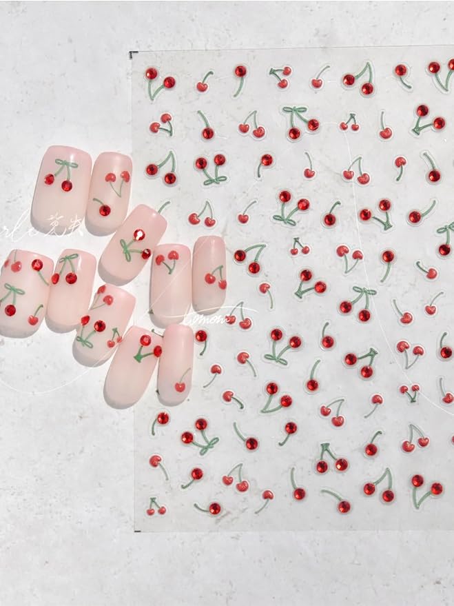 SoftSoul Cherry Nail Stickers, 5D Embossed Rhinestones - Premium Salon-Quality, Easy Application, Self-Adhesive French Tip Red Cherries for DIY Manicure Nail Art