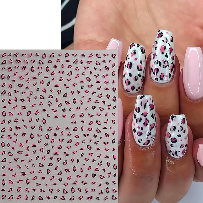 Leopard Print Nail Art Stickers Leopard Nail Stickers Self-Adhesive Cute Pink Brown White Design Fall Nails Decals Cheetah Print Pattern Cute Autumn Nails Supplies Fall Nail Decorations for Women DIY