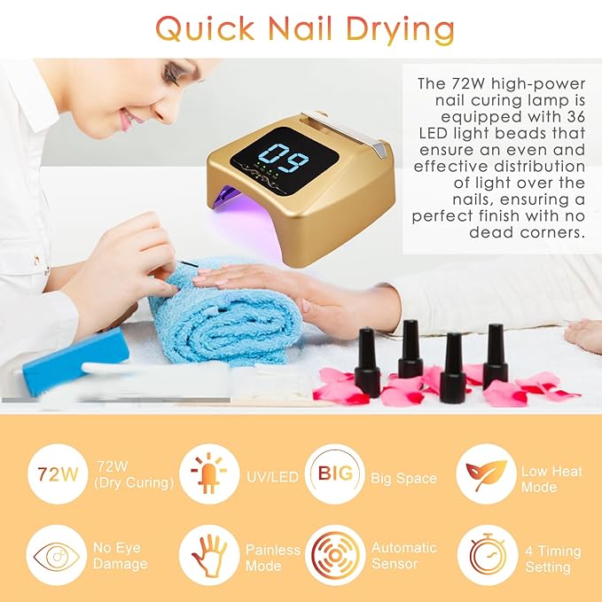 72W UV LED Nail Lamp Quick Drying Gel Nail Dryer with 4 Timer Settings Smart IR Sensor Nail UV Light for Gel Polish Gel Curing Lamp for Toes Nails Compatible with All Gel Type