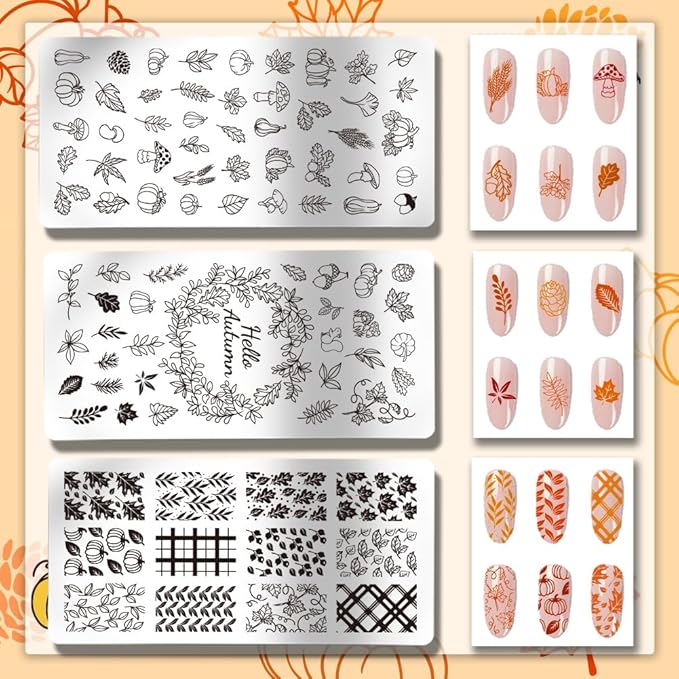 PH PandaHall 3PCS Fall Theme Nail Stamping Plate 88 Patterns Stainless Steel Nail Template Leaves Pumpkins Plaid Autumn Blessing Nails Art Plate for Thanksgiving Nails Art Design 4.7x2.4 inches