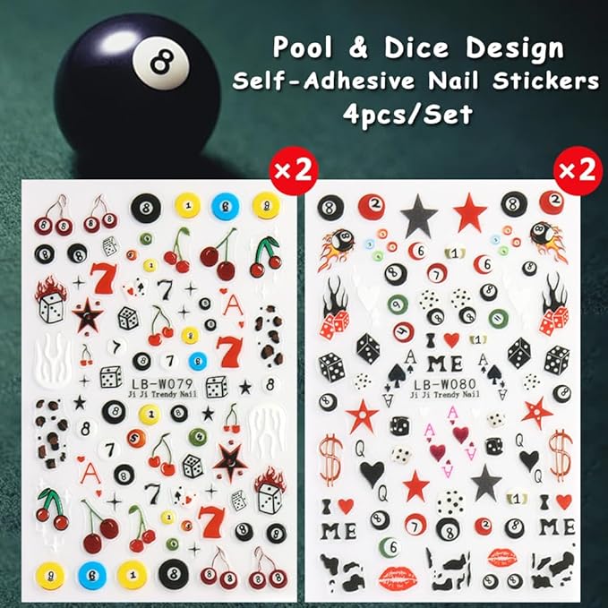 4 Sheets Pool & Dice Nail Art Stickers Decals, Cute Cartoon Style Dice Billiard Numbers Cherry Star Nail Art Design 5D Embossed Self-Adhesive Nail Decals Manicure Decorations for Women Girls