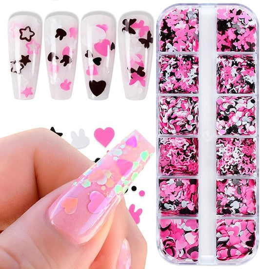 Holographic Nail Art Glitter Sequins, 3D Pink Black Glitter Flakes Nail Art Designs, Love Heart Butterfly Star Floral Acrylic Nails Supplies for Women Girls Manicure Decorations DIY Shiny Nails Crafts