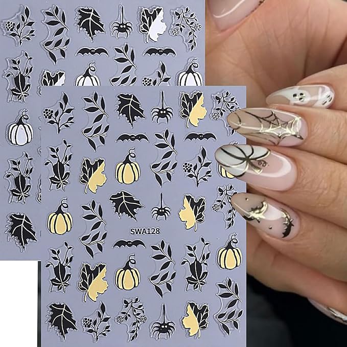 6 Sheets Halloween Nail Art Stickers 3D Self -Adhesive Pumpkin and Leaves Nail Decals Holographic Spider Bat Nail Stickers Halloween Nail Decoration for Women Manicure Supplies