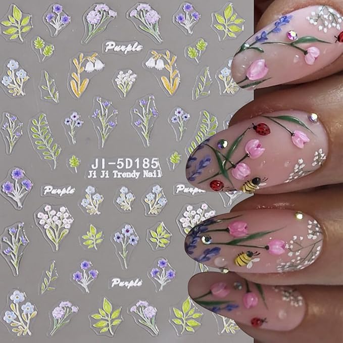 3Pcs Colorful Flower Nail Art Stickers 5D Self Adhesive Floral Nail Decals Embossed Daisy Nail Stickers Tulip Rose Nail Design Supplies Spring Summer Decoration Accessories for Women DIY Manicure