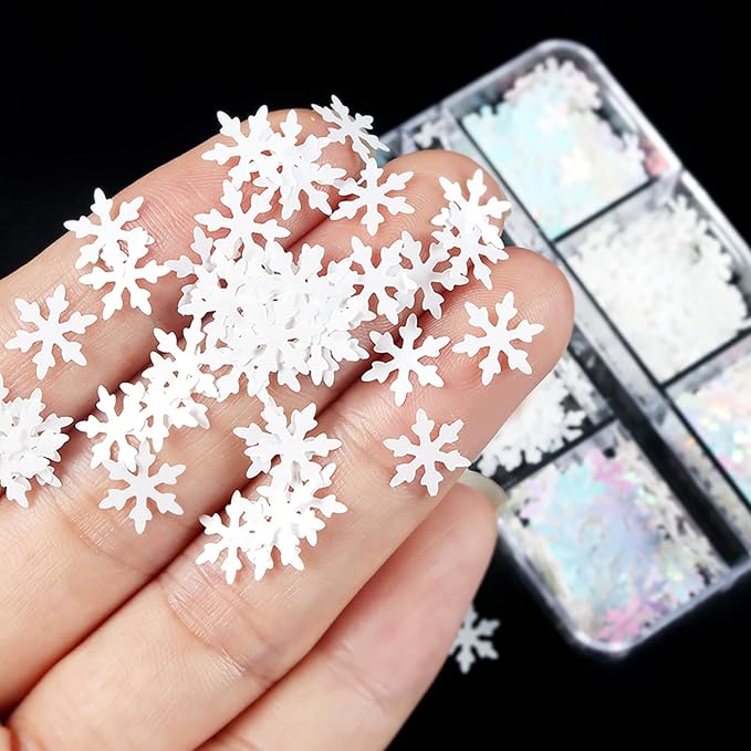 White Snowflake Nail Art Glitter Sequins, 3D Winter Christmas Sparkly Nail Flakes Designs, Shiny Confetti Acrylic Supplies for Women Manicure Charms Holiday Decorations