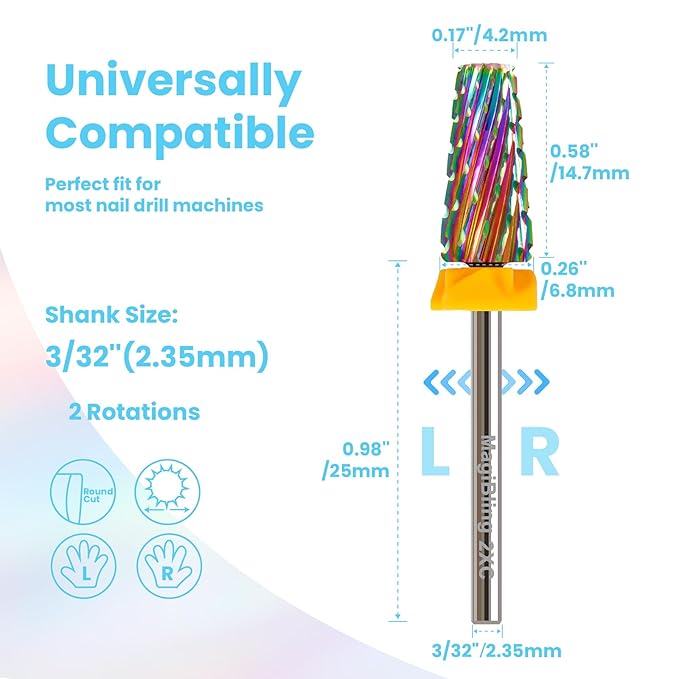 Professional 5 in 1 Tapered Nail Drill Bits, 3/32'' Safety Tungsten Carbide Bits, Remove Hard Gel Fast, Left & Right Hand Use, Easy for Beginner, Technicians Bits, Double Coarse.
