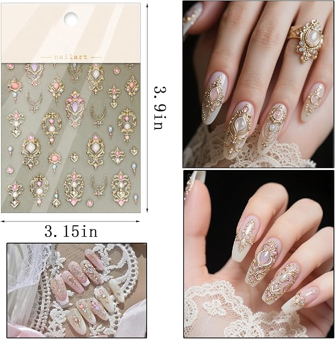 5D Embossed Gemstone Nail Stickers Gold Vintage Frame Nail Designs Flower Rose Golden 5D Self-Adhesive Luxury Baroque-Style Scepter Nail Decals for Women DIY Manicure 1 Sheet