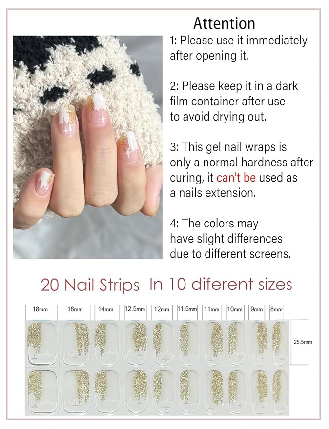 Semi Cured Gel Nail Wraps, 20pcs UV Nail Stickers - White & Glitter
