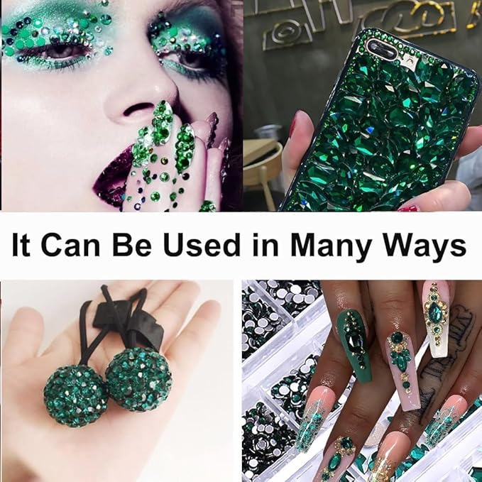 2700 Pcs Green and Black Nails Rhinestones, 120Pcs Big Green and Black Diamond Nail Gem Stones with SS5 SS8 SS10 SS12 SS16 Glass Flatback Round Beads, Glass Jewelry for Nails Art Decoration