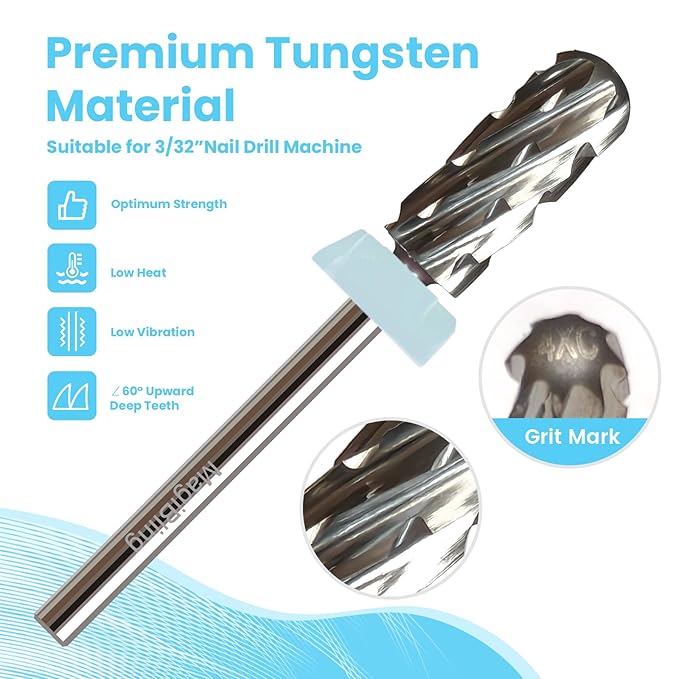 Super Cut Small Barrel 3/32'' Safety Tungsten Nail Drill Bits, Remove Gel Fast, Right handed, Manicure Cuticle Gel Polishing, Aggressive Bits for Professional Technician, Quadruple Coarse.