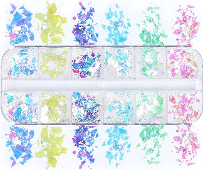 Iridescent Glitter Nail Art Sequins, Holographic 3D Irregular Ultra Thin Nail Art Glitter Flakes Design, Shiny Mermaid Nail Glitter Slices Resin Acrylic Supplies for Women Girls Manicure Decorations