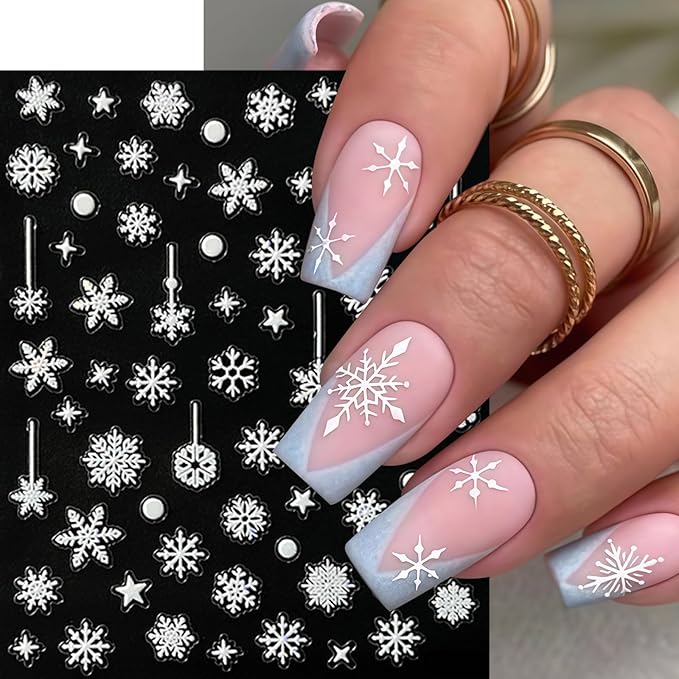 6 Sheets Snowflake Nail Stickers 5D Embossed Christmas Snow Nail Art Stickers Self Adhesive Winter Snowflake Nail Decals Snowmen Star Christmas Nails Decoration Supplies for Women Holiday Manicure