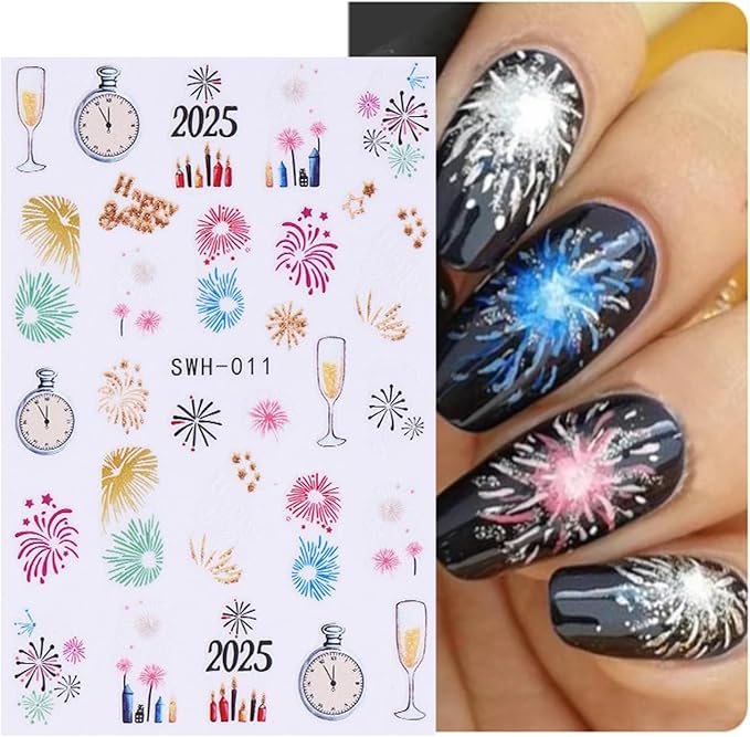 8 Sheets Christmas Nail Art Stickers - 3D Clock Glitter Firework Balloon Design, Candy Cane Cute Cartoon Cow Light Decals for Winter Xmas and New Year's - Supplies for Women Girls