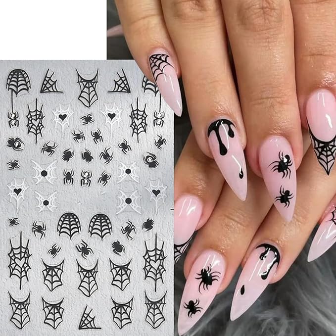 6 Sheets Halloween Nail Art Stickers Spider Nail Decals 3D Self-Adhesive Glitter Crystal Diamond Spider Nail Art Design Sticker Spider Bat Spider Web Ghost Nail Charms for Holiday DIY Nail Art