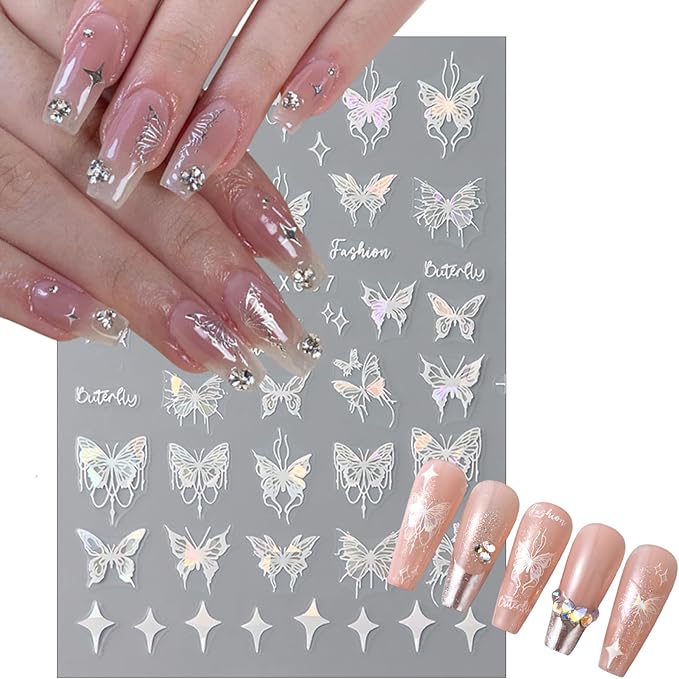6 Sheets Glitter Black Pink Butterfly Nail Art Stickers, 3D Holographic Laser Embossed Pendant Butterfly Design Nail Decals Star Heart Shape Nail Stickers for Women DIY Nail Decoration